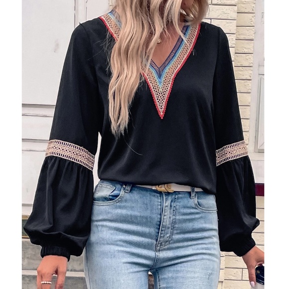 Rouge! Tops - Eylet Embroidery Trim V-Neck Boho Shirt Black , Long  Lantern Sleeve